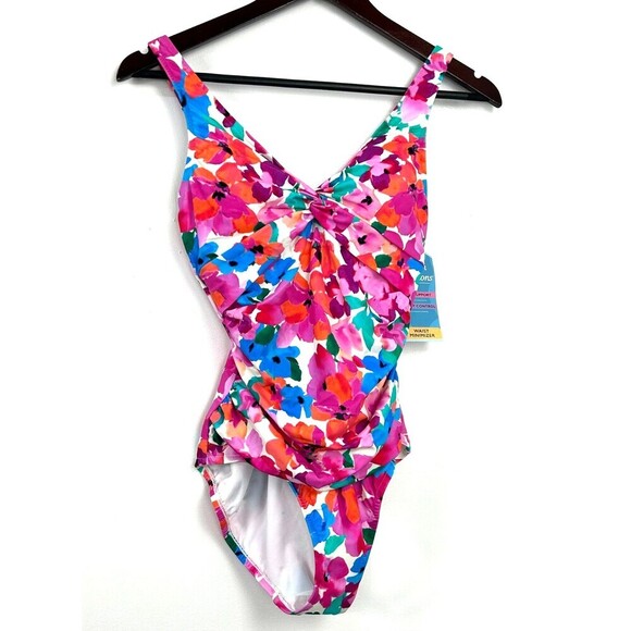 Swim Solutions Twist Front Tummy Control Pink One Piece Swimsuit Size 8 1047H3 - Picture 3 of 10